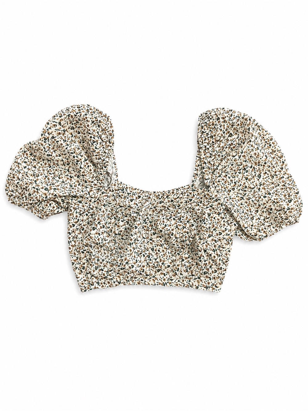 Floral Puff Sleeve Crop Top - Cream & Brown Ditsy Print
